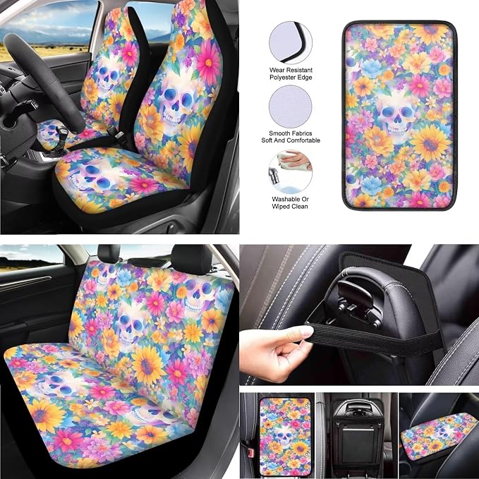 Skull 13 Pcs Car Seat Covers Full Set, Mexico Sunflower Skeleton Front Rear Auto Seat Cover Armrest Pad, Flower Field Steering Wheel Cover Headrests Coaster Keychain