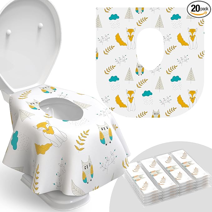 Relyo Disposable Toilet Seat Cover for Travel – 20 Pack with Covers Wrapped in Sets of 2, Non-Flushable Liners, Fits Most Seats – Kids, Toddlers, Adults (Owls, 20)