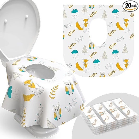 Relyo Disposable Toilet Seat Cover for Travel – 20 Pack with Covers Wrapped in Sets of 2, Non-Flushable Liners, Fits Most Seats – Kids, Toddlers, Adults (Owls, 20)