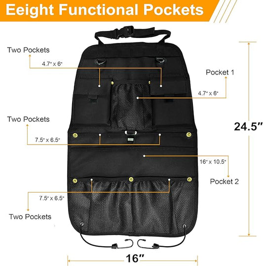Car Seat Back Organizer with Multiple Storage Pockets, Black Mesh and Fabric, Universal Fit
