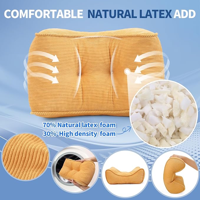 Lumbar Support Pillow for Study Desk Chair, Bite-Size Natural Latex Foam Back Support Pillow for Lower Back Pain Relief, Soft & Support Corduroy Office Chair Cushion, S, Yellow