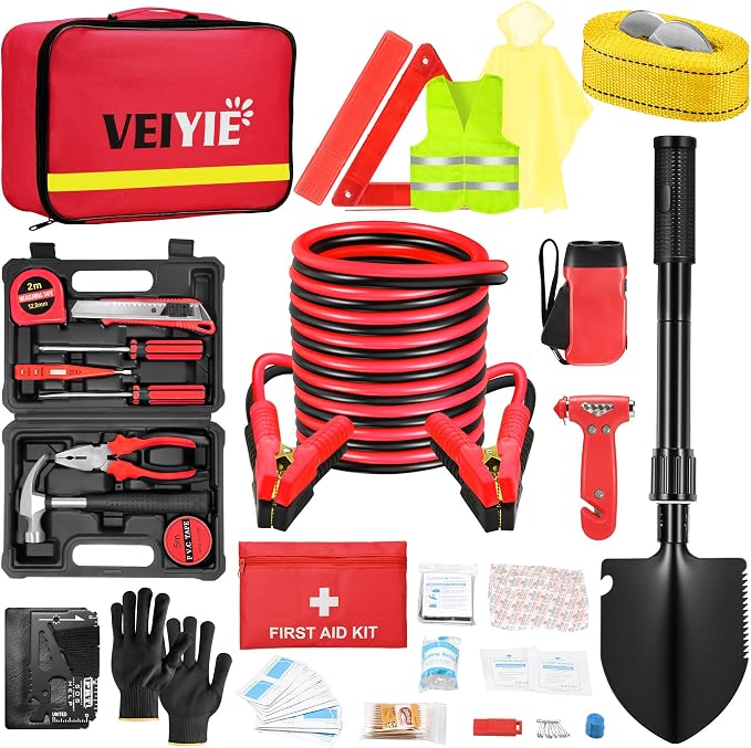 Roadside emergency car kit for vehicles, car first aid kit emergency kit with Portable Air Compressor, Heavy Duty Jumper Cables, Tow Strap, road trip Essentials car safety kit, new driver gifts