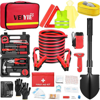 Roadside emergency car kit for vehicles, car first aid kit emergency kit with Portable Air Compressor, Heavy Duty Jumper Cables, Tow Strap, road trip Essentials car safety kit, new driver gifts