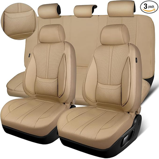 CAR PASS Nappa Leather Seat Covers Full Set, 3D Foam Faux Leather Car Seat Covers with Lumbar Support, Water Resistant Comfort & Universal Fit for Cars SUV Truck Most Vehicles, All Beige