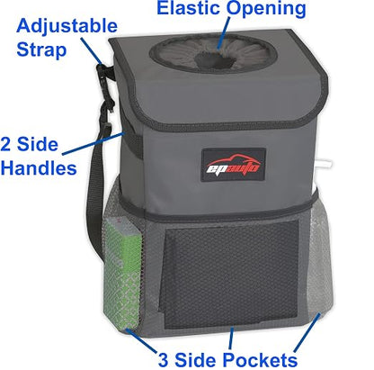 EPAuto Waterproof Car Trash Can with Lid and Storage Pockets, 2.5 Gallon Leakproof, Dark Gray