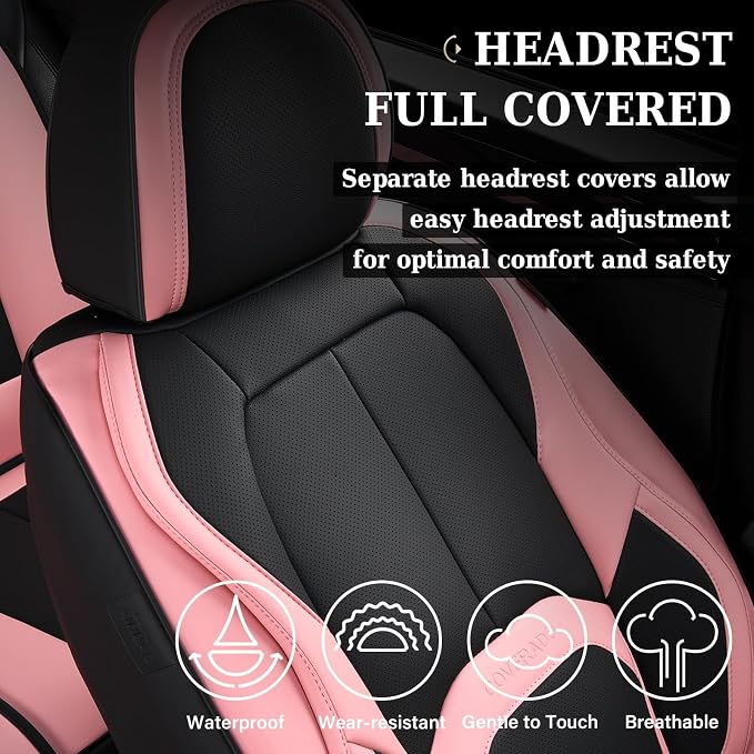 Coverado Seat Covers, Car Seat Covers Front Seats, Nappa Leather Seat Covers for Cars, Waterproof Car Seat Protector with Lumbar Support, Front Seat Covers Universal Fit for Most Cars (Black&Pink)