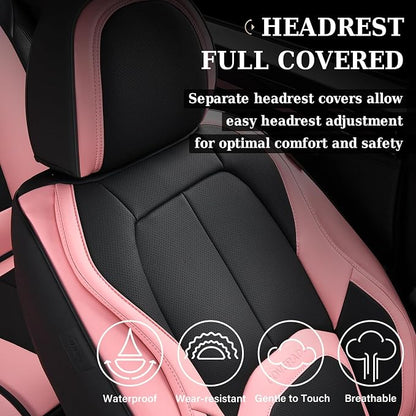 Coverado Seat Covers, Car Seat Covers Front Seats, Nappa Leather Seat Covers for Cars, Waterproof Car Seat Protector with Lumbar Support, Front Seat Covers Universal Fit for Most Cars (Black&Pink)