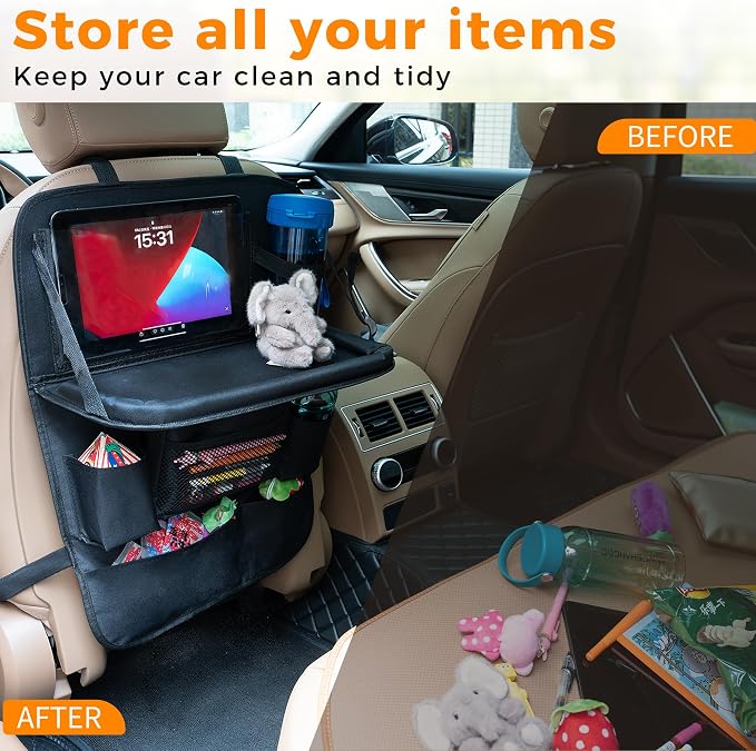 Backseat Car Organizer with Tray, 9 Storage Pockets Back Seat Protector with Foldable Tablet Holder, Waterproof Back of Seat Kick Mats for Kids Adult, Road Trip Essentials Travel 2 Pack, Black