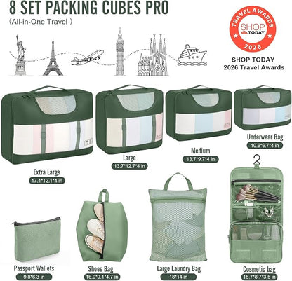 Veken 8 Set Packing Cubes for Travel Essentials,Anti-Wrinkle Buckled Suitcase Organizer for Shoe & Toiletry Bag,Carry On Luggage Bag with 99+ Count Mesh Holes for Airplane & College Dorm Accessories
