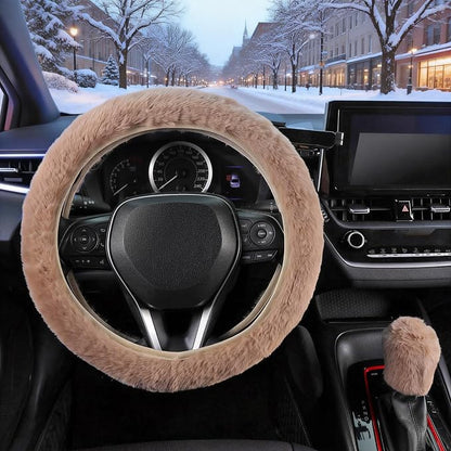 SEG Direct Furry Car Steering Wheel Cover with Gear Shift Cover, Soft and Warm, Cute Fluffy Auto Decor for Women Men, Standard Size, 2 PCS Set, Khaki