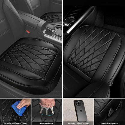 CAR PASS 2 Pack Leather Front Car Seat Covers, Bottom Seat Covers Full Wrapped with Storage Pocket, Anti-Slip Leather Seat Protectors,Waterproof Seat Cushion Pad Universal Fit Sedan SUV Truck, Black