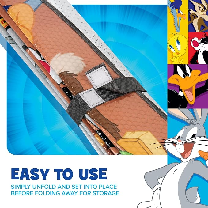 Looney Tunes Car Windshield Sun Shade for Front Window, Officially Licensed Car Sun Shade with Bugs Bunny Taz Daffy Duck and Friends Graphic, Accordion Style Sun Visor Sunshade for Car Windshield