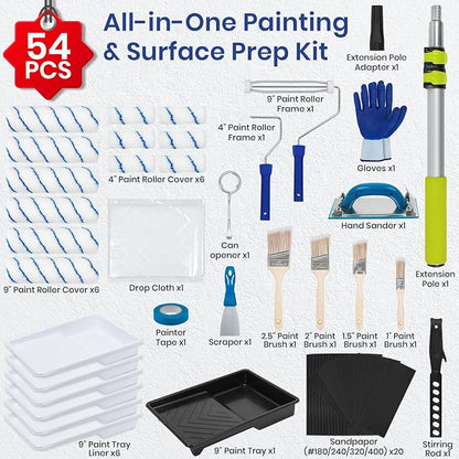 54 PCS Paint Roller Kit with Extension Pole, All-in-One Painting Supplies & Repair Set for Home DIY - Includes 4” & 9” Rollers, Brushes, Hand Sander, Drop Cloth for Walls, Ceilings, Wood Furniture