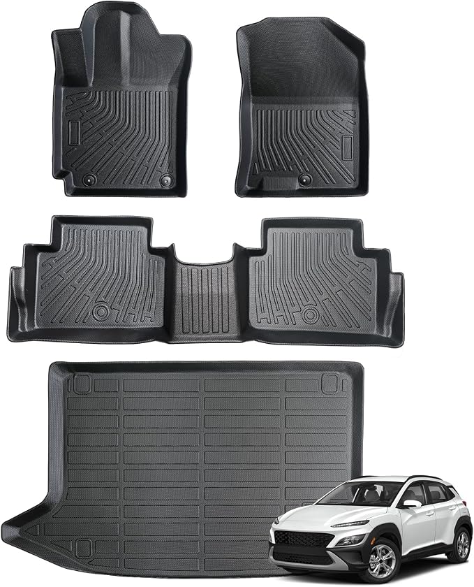 Floor Mats for Hyundai Kona 2018-2023 (No for EV) & Kona N 2022 2023, Custom Fit All-Weather Rubber Car Cargo Liners for Hyundai, High Edges Anti-Slip TPE Mats, Front & 2nd Row & Trunk Mat