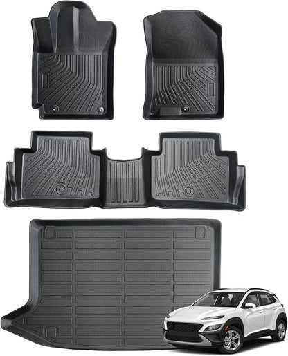 Floor Mats for Hyundai Kona 2018-2023 (No for EV) & Kona N 2022 2023, Custom Fit All-Weather Rubber Car Cargo Liners for Hyundai, High Edges Anti-Slip TPE Mats, Front & 2nd Row & Trunk Mat