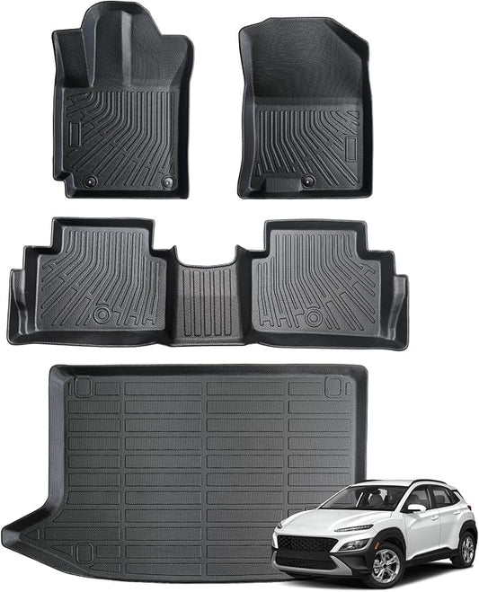 Floor Mats for Hyundai Kona 2018-2023 (No for EV) & Kona N 2022 2023, Custom Fit All-Weather Rubber Car Cargo Liners for Hyundai, High Edges Anti-Slip TPE Mats, Front & 2nd Row & Trunk Mat