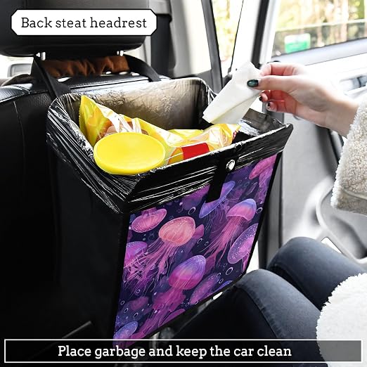 Car Trash Can Organizer Bin with Adjustable Strap for Back Front Seat Console Waterproof Leakproof Collapsible Portable 8.66 Inch Jellyfishes and Bubbles Pink