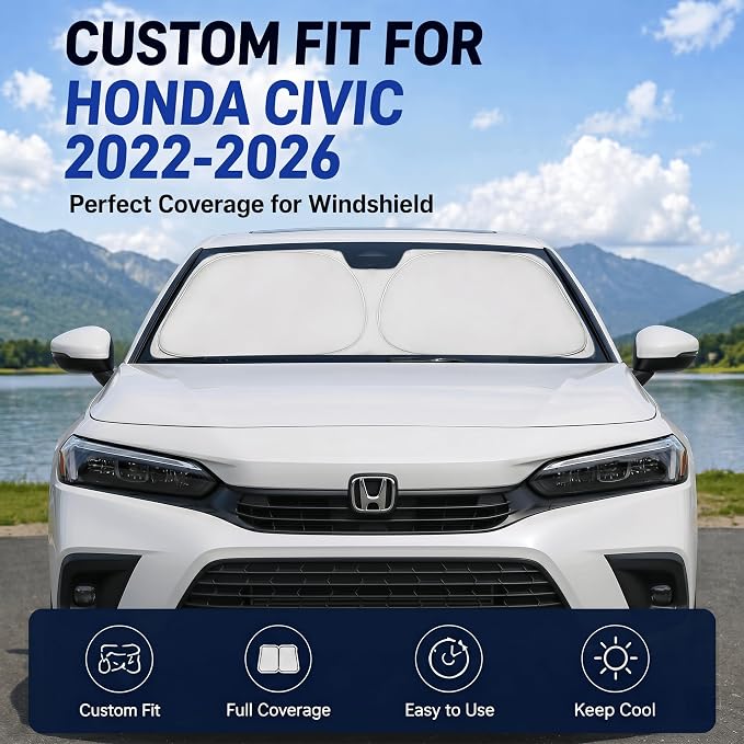 Windshield Sun Shade Sunshade for Honda Civic 2022-2026 | Custom Fit Windshield Cover, Blocks UV Rays, Double-Layer Heat Shield, Durable Frame, Easy Fold & Storage