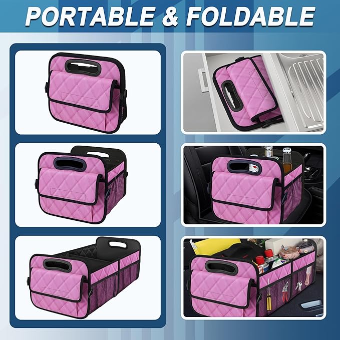 Deosk Car Trunk Organizer for SUV, Car Organizers and Storage with Reinforced Handles, Car Accessories for Women/Men 70L Waterproof Polyester Trunk Organizer(Large, Pink)