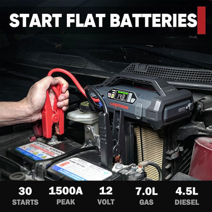 LOKITHOR JA300 Jump Starter with Air Compressor, 1500Amp 12V Portable Car Battery Booster Pack for Upto 7.0L Gas or 4.5L Diesel, 150 PSI Tire Inflator with Digital Screen, 24 Months Ultra-Long Standby