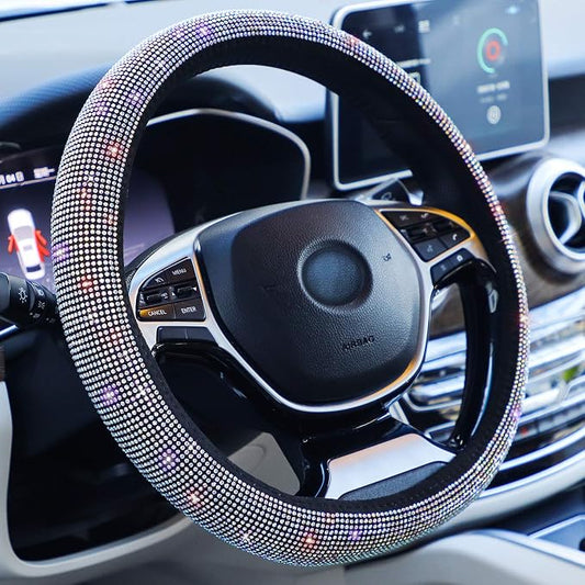 Car Sparkly Steering Wheel Cover Bedazzled for Women Girls, Large Size 15 1/2''-16'' inch Colorful Bling Anti-Slip Wheel Protector, Black