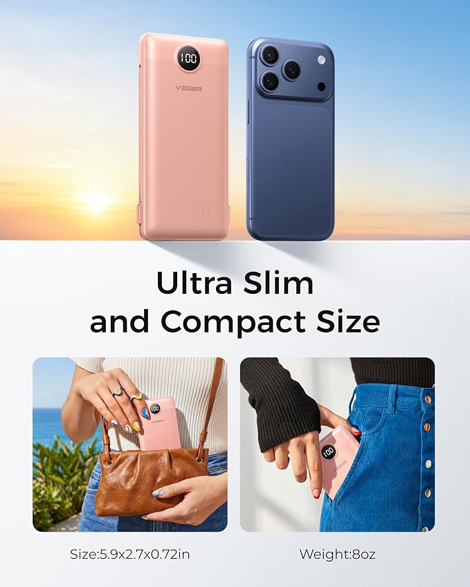 VEGER Portable Charger Power Bank with Built-in AC Plug and Cables, All in One 10000mAh Ultra Slim Travel Essentials, Fast Charging Battery Pack Compatible with iPhone, Samsung, More, Dark Pink