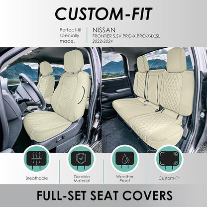 FH Group Custom Fit Car Seat Covers Specifically Made for 2022-2026 Nissan Frontier, Full Set Solid Beige Ultraflex Neoprene Waterproof Automotive Seat Covers for Pickup Truck, Nissan Accessories