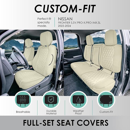 FH Group Custom Fit Car Seat Covers Specifically Made for 2022-2026 Nissan Frontier, Full Set Solid Beige Ultraflex Neoprene Waterproof Automotive Seat Covers for Pickup Truck, Nissan Accessories