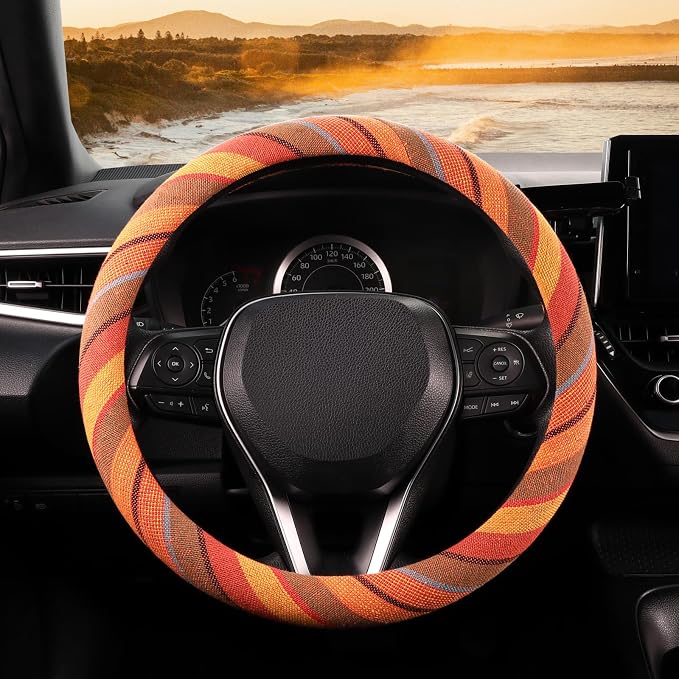 SEG Direct Boho Steering Wheel Cover with Baja Blanket Cloth, Ethnic Style Auto Wheel Cover Made of Coarse Flax, Fits 14 1/2-15 1/4 inches Car Wheel