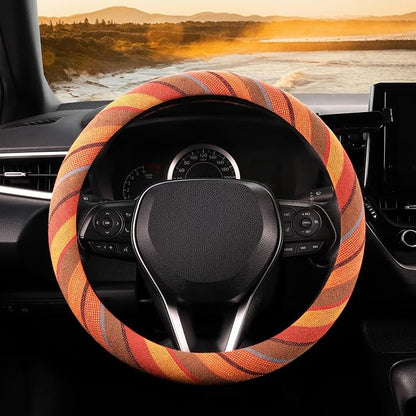 SEG Direct Boho Steering Wheel Cover with Baja Blanket Cloth, Ethnic Style Auto Wheel Cover Made of Coarse Flax, Fits 14 1/2-15 1/4 inches Car Wheel
