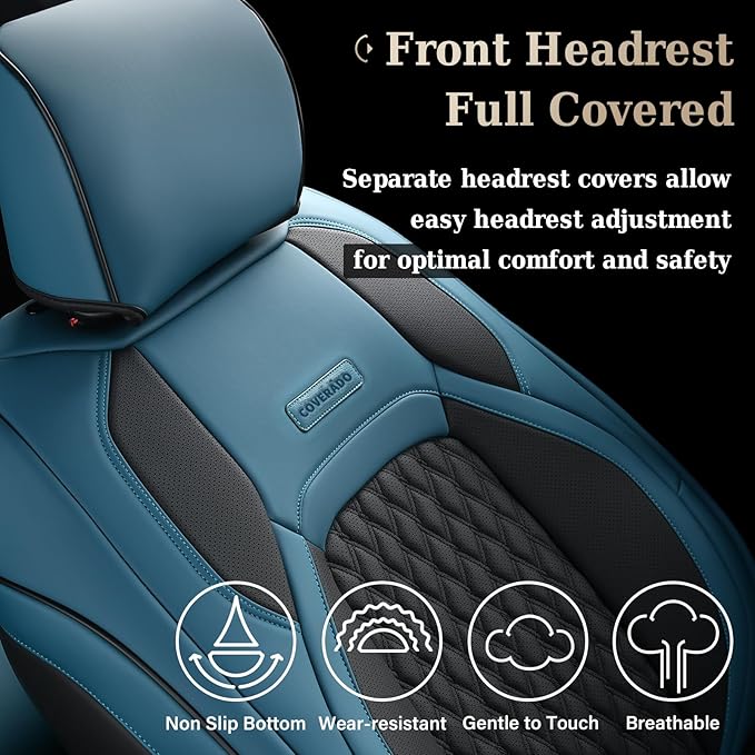 Coverado Waterproof Faux Leather Seat Covers Full Set for Ford F150 2015-2026 SuperCrew & F250 F350 F450 2017-2026 Crew Cab, Compatible with XL XLT Lariat King Ranch, Blue Interior Truck Accessories