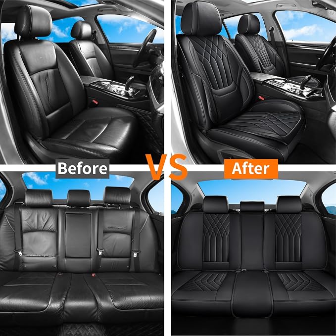 Full Coverage Car Seat Covers Full Set Waterproof, Luxury Leather Automotive Seat Covers Car Seat Protector, Front & Rear Seats Cover Sets Universal Fit for Most Vehicles Sedans SUVs, Black