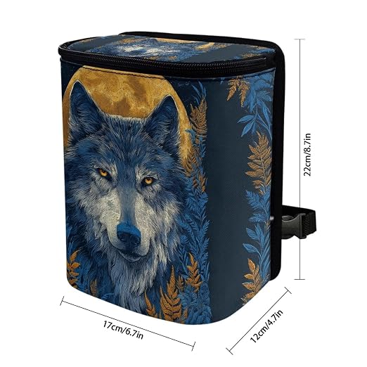 Talayituse Moon Wolf Leaf Print Car Trash Bin, Large Size Auto Trash Can Adjustable Portable Garbage Can with Lid, Vehicle Hanging Bag for Headrest Front Back Seat