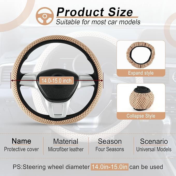 Alpmosn Elastic Stretch Steering Wheel Cover, Breathable Microfiber Ice Silk, Anti-Slip, Car Interior Accessories Fits for 14"-15" Steering Wheel Covers for Women & Men(Beige)