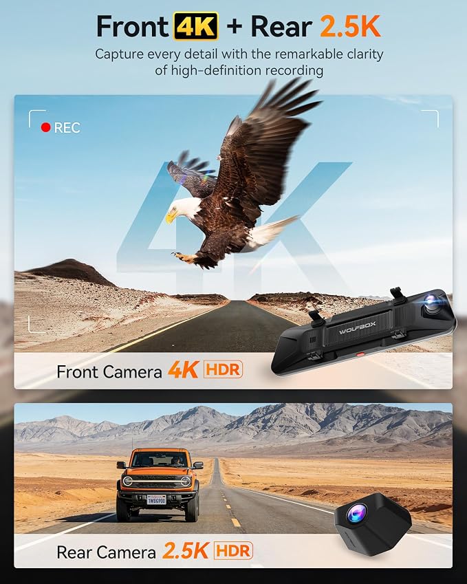 WOLFBOX G900 PRO-N Mirror Dash Cam with 8MP STARVIS 2 IMX678, 12" 4K Front and 2.5K Rear View Mirror Camera, 5.8GHz WiFi, Voice Control, Smart Night Vision, Loop Recording (SD Card Not Included)