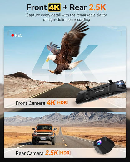 WOLFBOX G900 PRO-N Mirror Dash Cam with 8MP STARVIS 2 IMX678, 12" 4K Front and 2.5K Rear View Mirror Camera, 5.8GHz WiFi, Voice Control, Smart Night Vision, Loop Recording (SD Card Not Included)