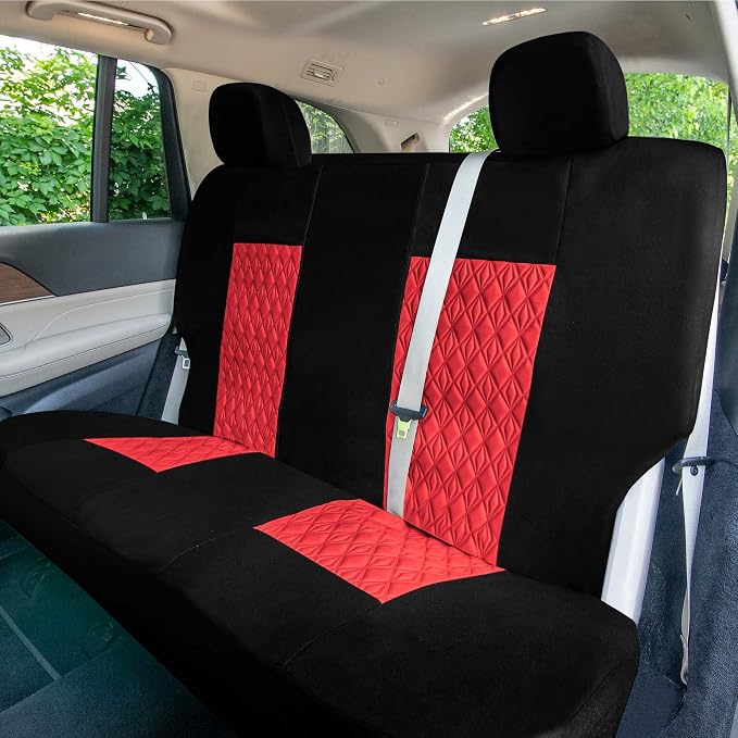 Universal Fit Diamond Stitched Flat Cloth Car Seat Covers Full Set - Red