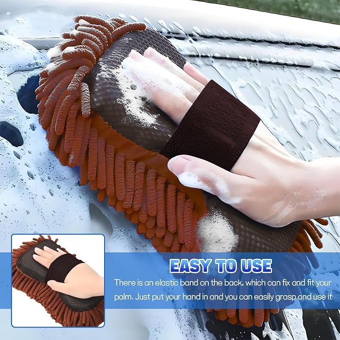 2PCS Microfiber Car Wash Sponge, Double Sided Chenille Microfiber Car Wash Mitt, Scratch Free & Lint Free, Absorbent Automotive Washing Sponges, Auto Cleaning Supplies (Brown)
