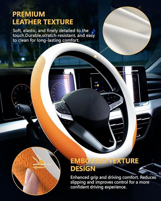 Car Leather Steering Wheel Cover, Genuine Embossed Leather with Anti-Slip Lining, Universal 15 Inch, Fits SUVs, Vans, Sedans, Trucks, Orange