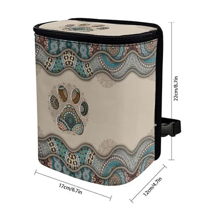 Talayituse Boho Paws Print Car Trash Can with Lid, Leak Proof Auto Trash Bag Hanging Vehicle Garbage Can Multipurpose Storage Container for Back Seat Road Trip