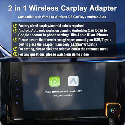 2026 Upgraded 2in1 Wireless Carplay Adapter for Apple iPhone,Android Auto Carplay Adapter,Bluetooth,WiFi Dual Core,Mini Car Play Adapter USB &Type-c Dongle,Smaller,Fast,Stable,No Delay