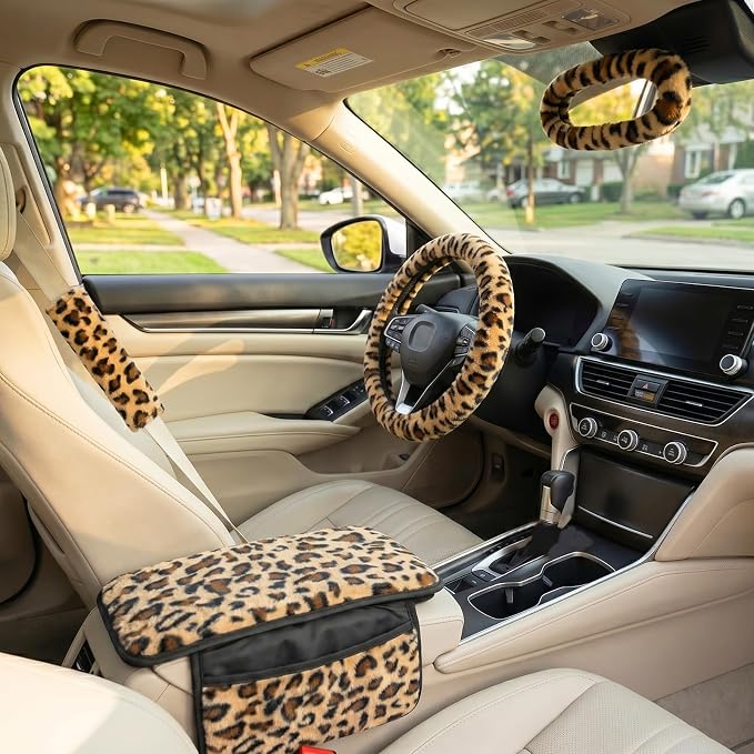 5 Pcs Fuzzy Animal Print Car Accessories Set, Soft Fluffy Plush Steering Wheel Cover, Center Console Armrest Pad & Rearview Mirror Cover - Interior Decorations for Women,Universal Fit (Leopard Print)