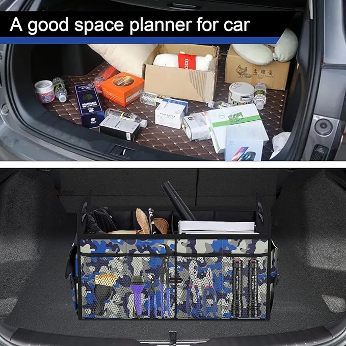 Femuar Car Trunk Organizer with 72L Large Capacity Waterproof Collapsible and 11 Pockets, Trunk Organizer for Car SUV/Jeep/Sedan, Large Size, Blue Camouflage