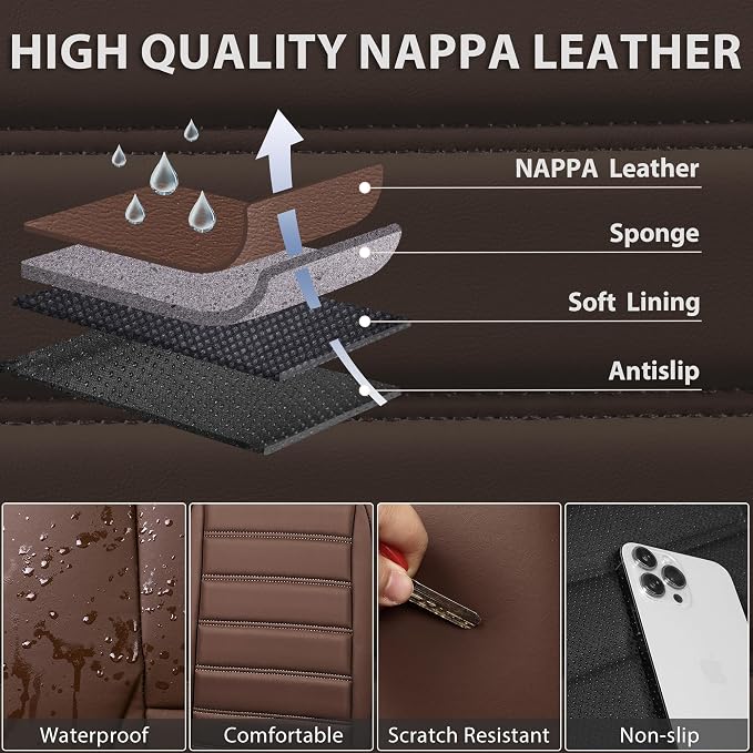 CAR PASS Nappa Leather Car Seat Covers Full Set, Luxury Seat Protector for Cars, Waterproof Anti-Slip Seat Cushion Armrest Compatible Airbag Universal for Sedan SUV Pick-up Truck Auto,Brown