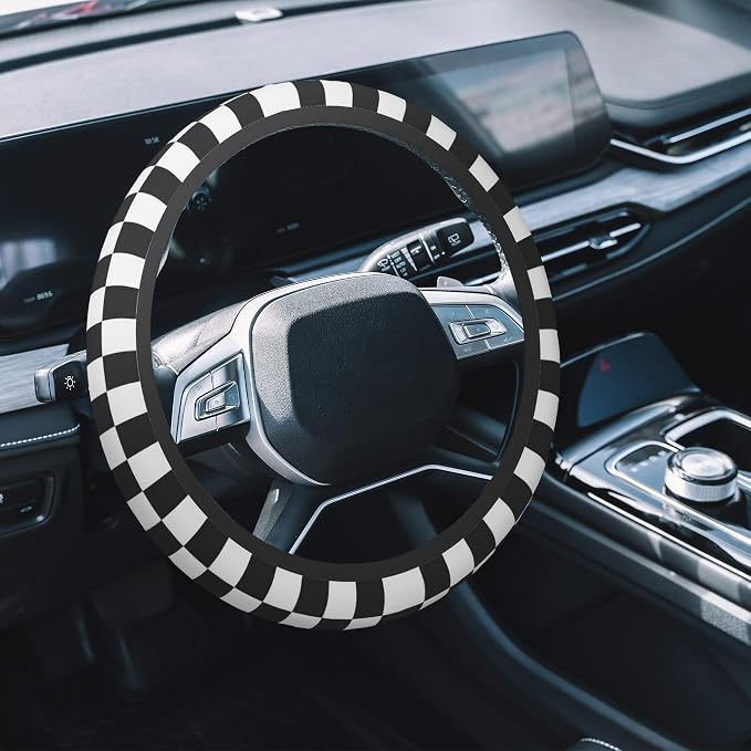 Car Steering Wheel Cover, 14.5"-15" Inch Universal Anti-Slip DurableSteering Wheel Protective Cover, Breathable Auto Interior Decoration Accessories for Sedan SUV Truck (Black White Checkered)