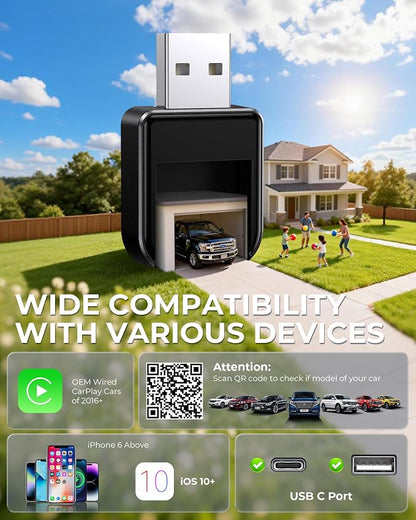 Wireless Carplay Adapter for iPhone Latest Upgrade, Tiny Bluetooth Dongle Convert Wired to Wireless for Apple Car Play Plug & Play, Zero-Lag Auto-Connect GPS Works with 2016+ Cars (Black)
