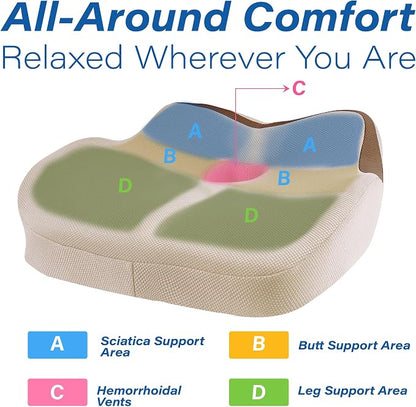 Car Seat Cushion: Ergonomic Memory Foam Car Cushion for Sciatica Pain Relief, Larger Driving Seat Pillow for Short Drivers on Long Drives - Butt Pillow for Truck, Office, Wheelchair - Beige