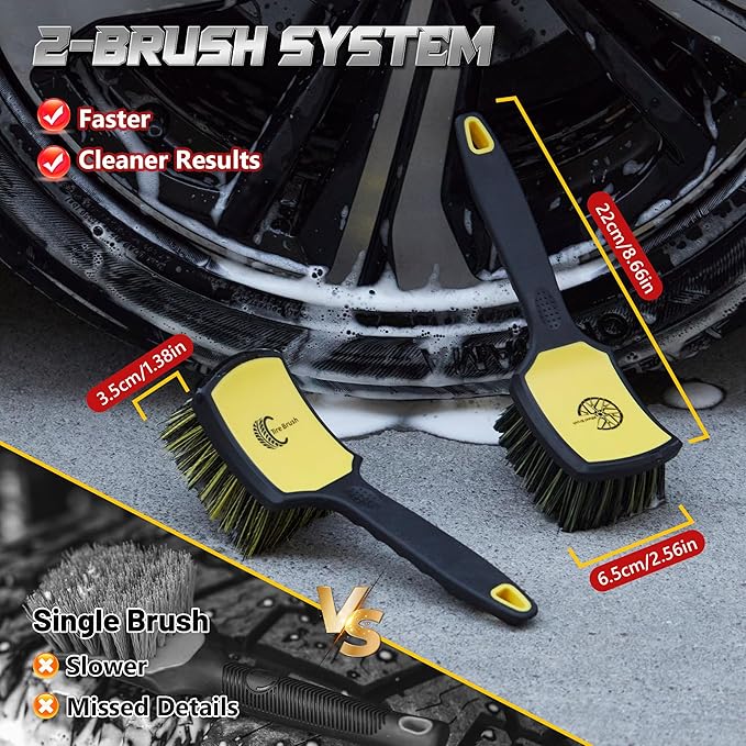BMLEI Wheel & Tire Brush Set, 2 Pack Car Wheel Brush & Tire Cleaner Brushes, Soft Bristle Rim Brush and Stiff Tire Scrub Brush, Scratch-Free Wheel Cleaning Kit for Car Detailing, Trucks, SUVs