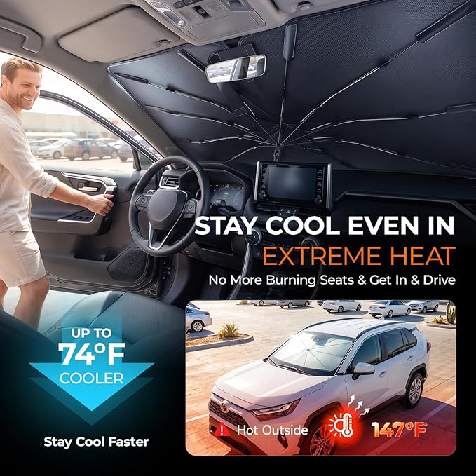 [2026 Upgraded] DooGooCoo Windshield Sun Shade Umbrella for Toyota 4Runner 2017-2025 2026 [100% Sunlight Blocked, Cooling Ice Crystal] Sunshade for Car Windshield for 4Runner Sun Shade.