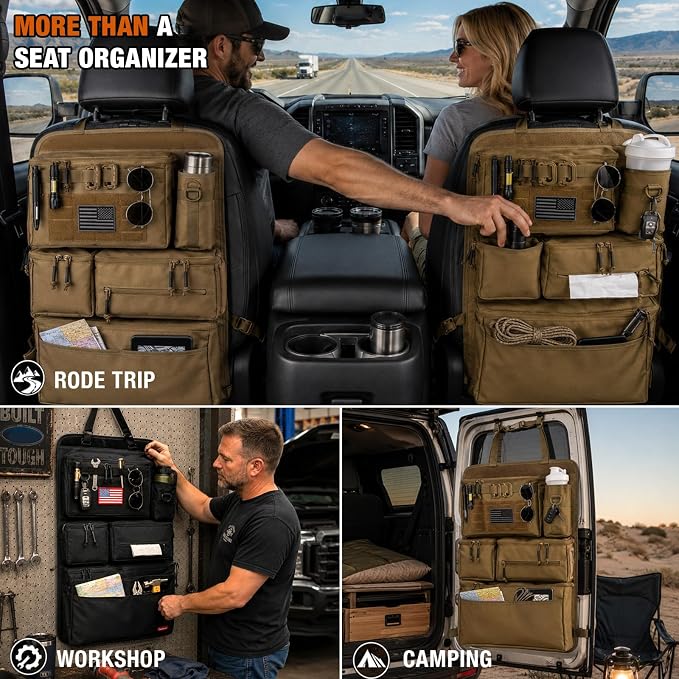 Tactical Seat Back Organizer Heavy Duty MOLLE Panel Organizer with Multiple Pockets & Hook Loop Panel for EDC Gear, Road Trip Essentials, Universal Fit for Car SUV Truck Jeep (Mud)